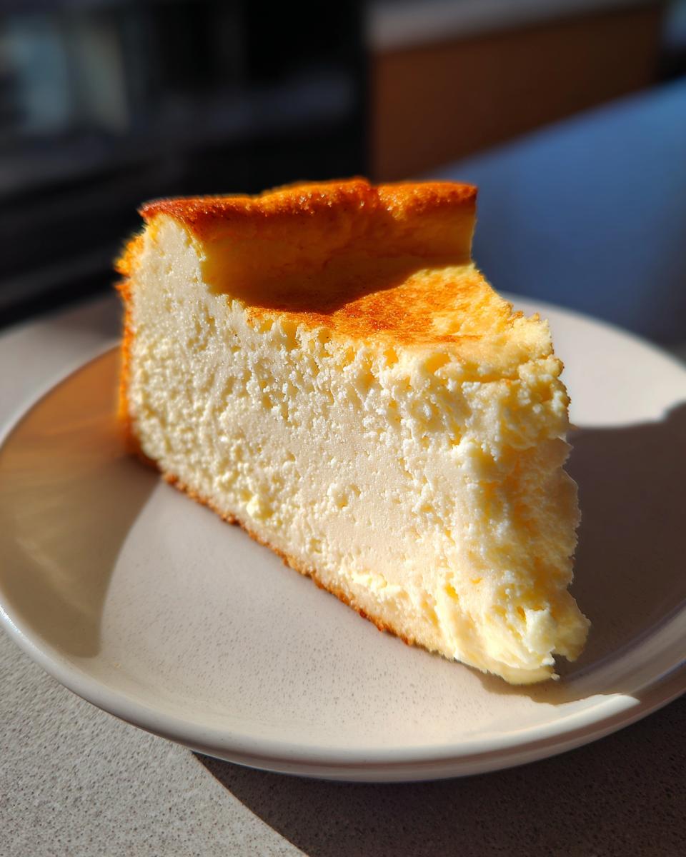 A thick slice of baked italian ricotta cheesecake recipe with a golden-brown top, served on a light plate.