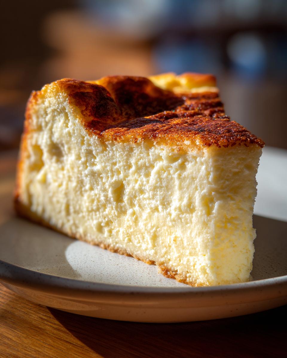 A thick, creamy slice of Italian ricotta cheesecake with a deeply caramelized top, sitting on a light plate.