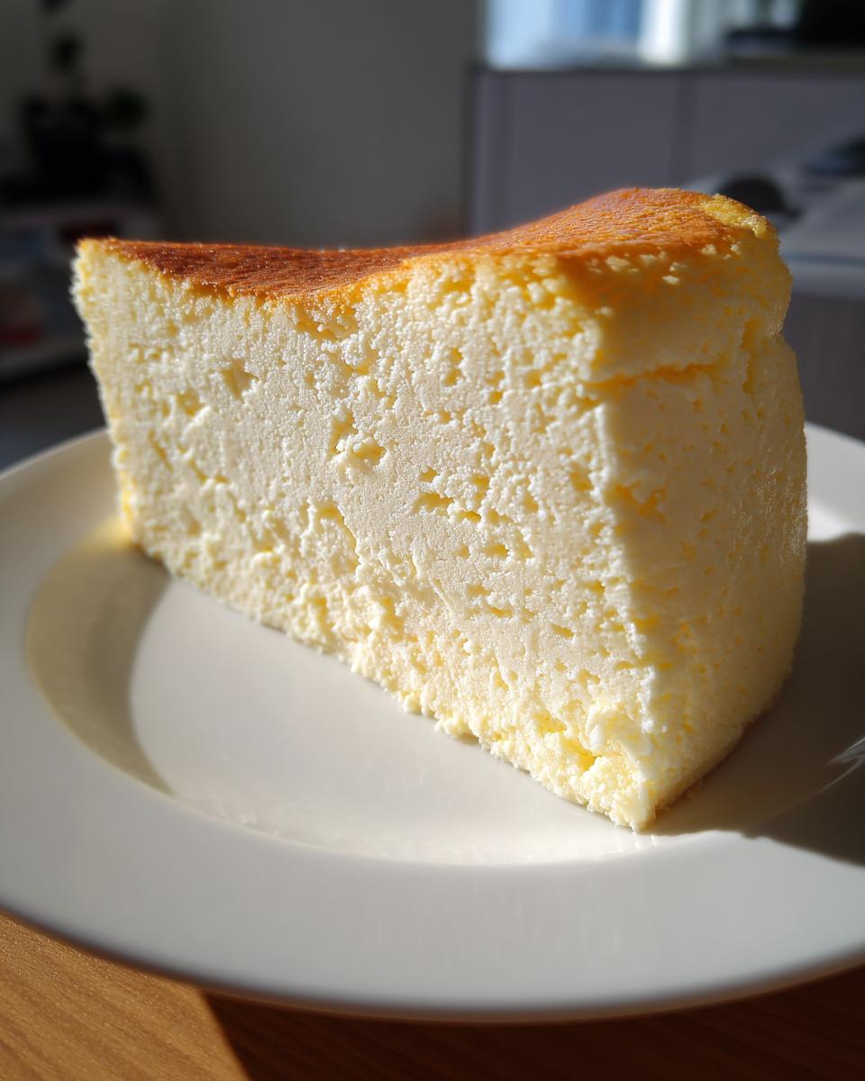 A close-up slice of a fluffy Italian ricotta cheesecake recipe with a lightly browned top, served on a white plate.