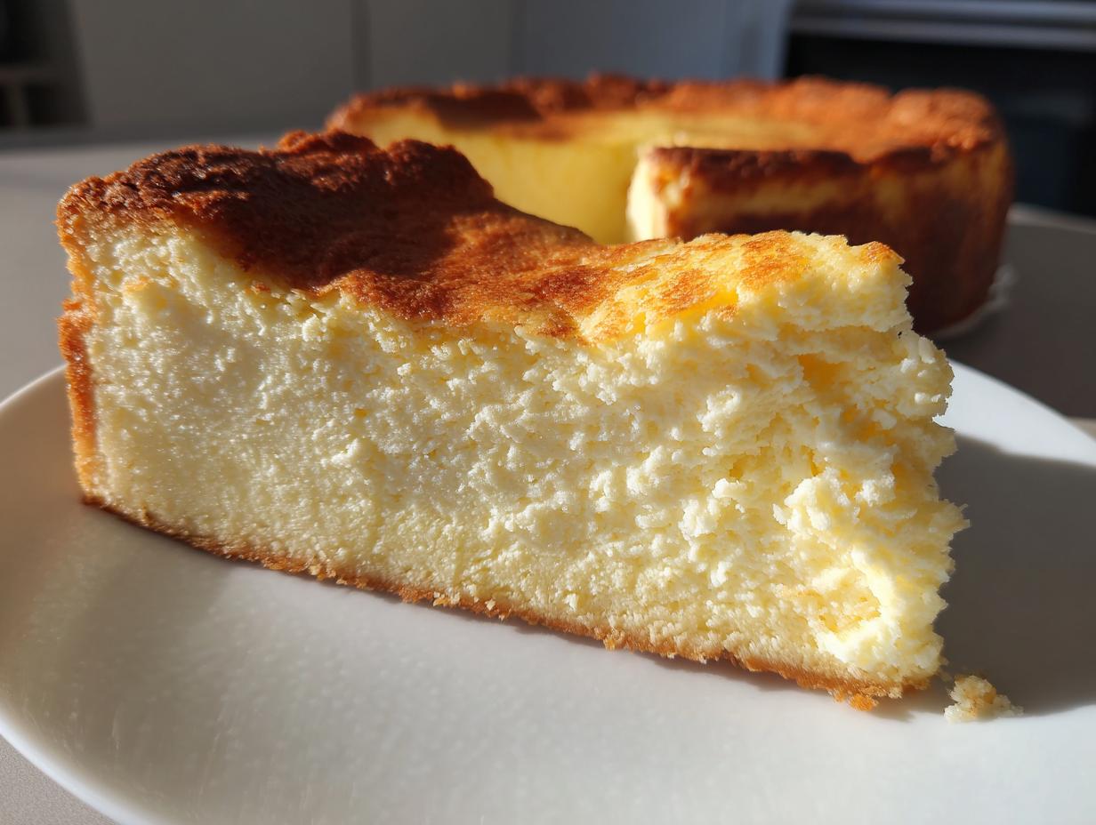 Close-up of a slice of Italian ricotta cheesecake recipe showing a fluffy, textured interior and a deeply browned top crust.