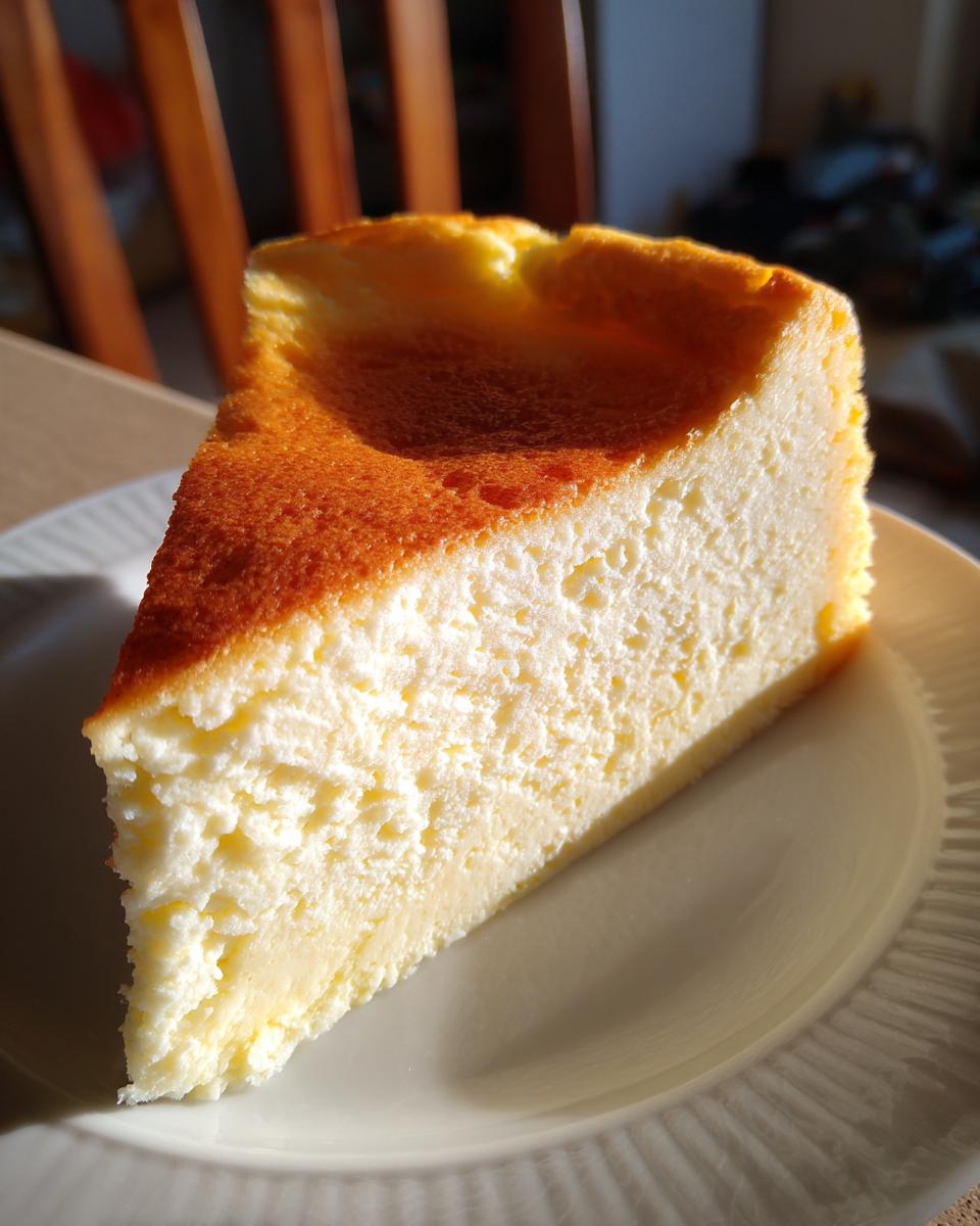 A close-up slice of light and fluffy Italian ricotta cheesecake recipe on a white plate, showing a golden-brown top.