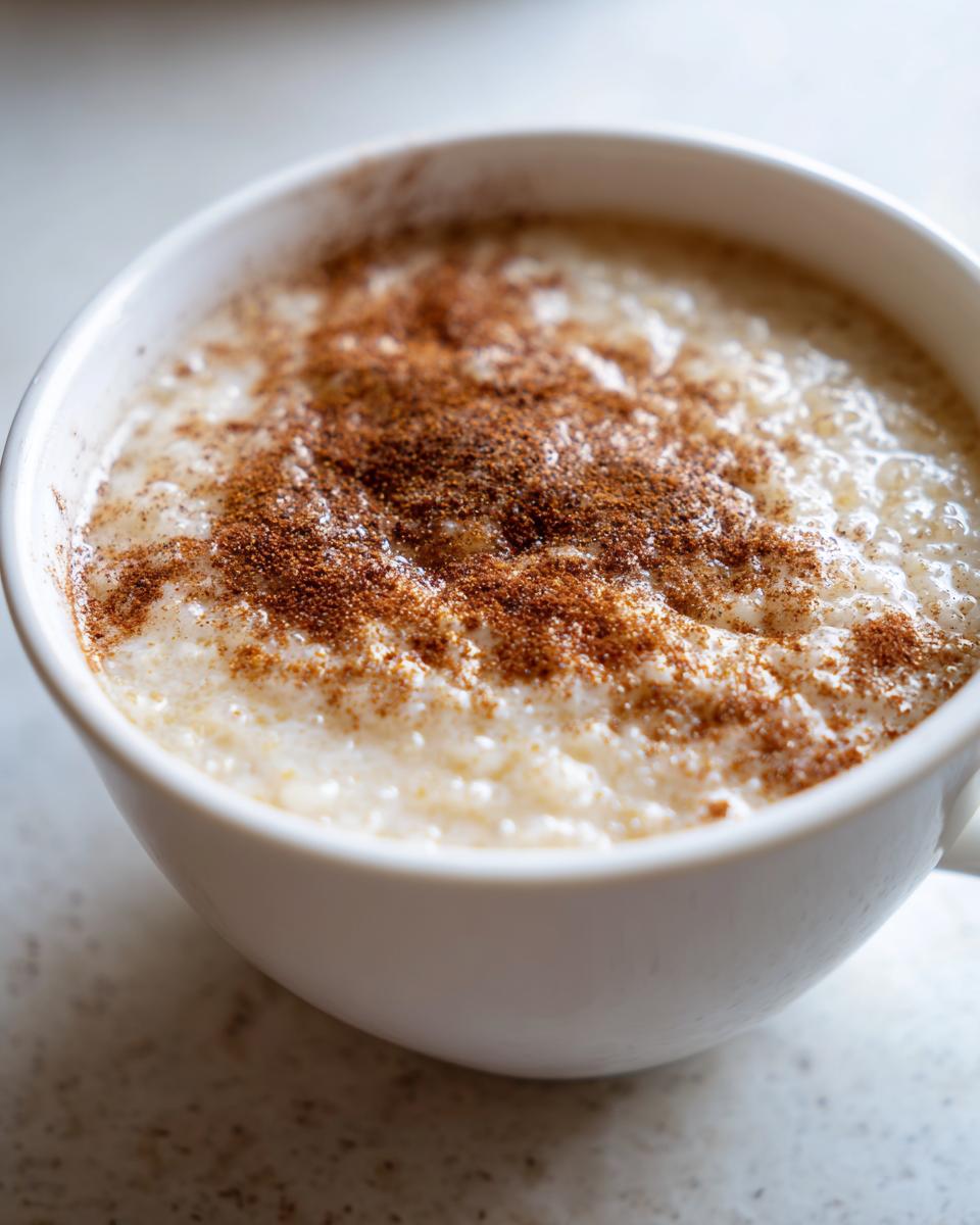 Close-up of creamy Jamaican cornmeal porridge with coconut milk, topped generously with ground cinnamon.