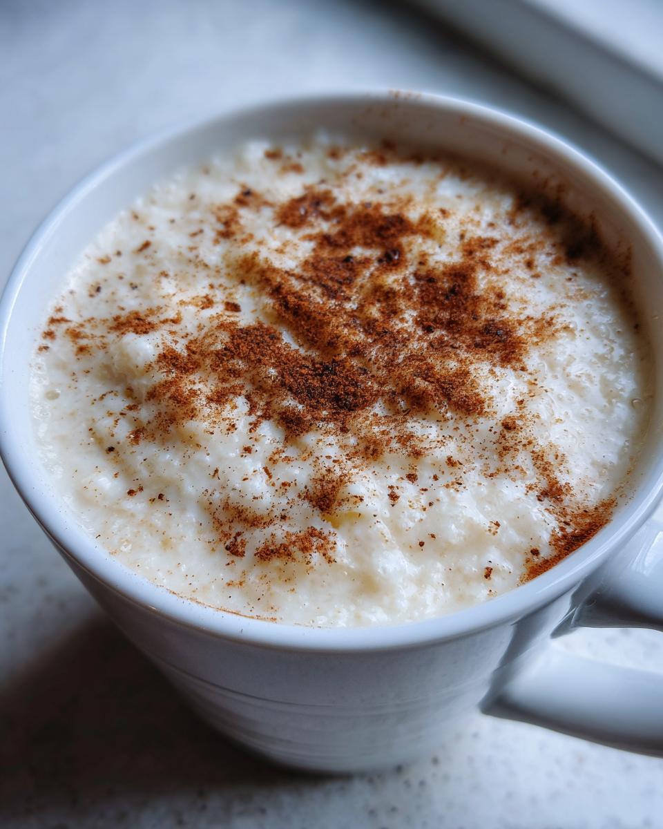 Close-up of creamy Jamaican cornmeal porridge with coconut milk, topped generously with ground cinnamon.