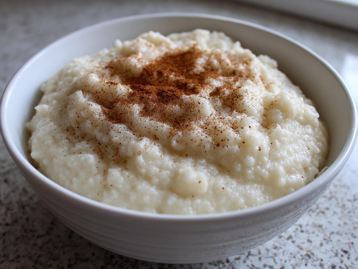 Close-up of creamy Jamaican cornmeal porridge with coconut milk, topped with a dusting of cinnamon.