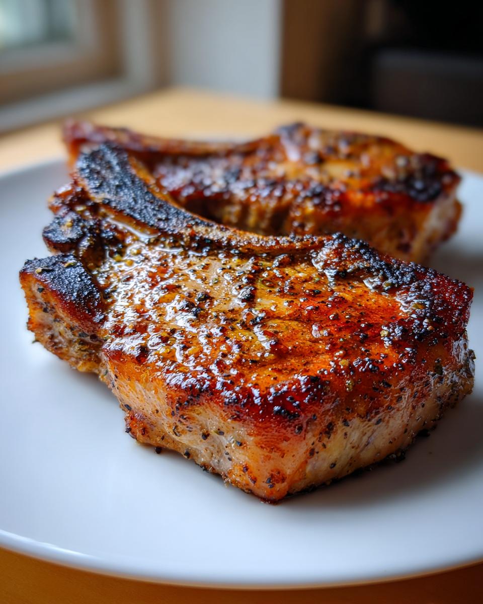 Close-up of two perfectly cooked, juicy air fryer pork chops with a dark, seasoned crust on a white plate.