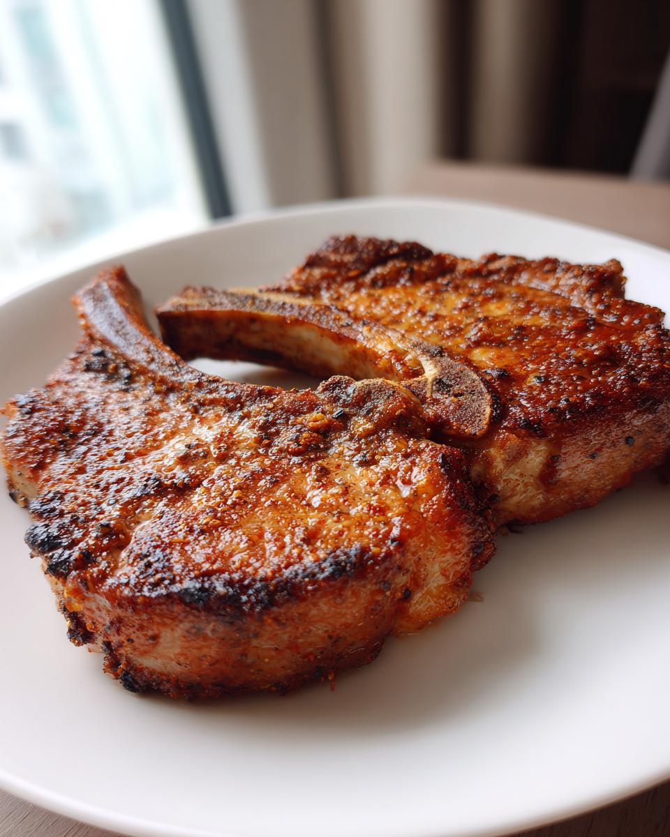 Two perfectly cooked, bone-in air fryer pork chops with a rich, browned crust served on a white plate.