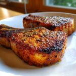 Two thick, juicy air fryer pork chops with a dark, seasoned crust resting on a white plate.