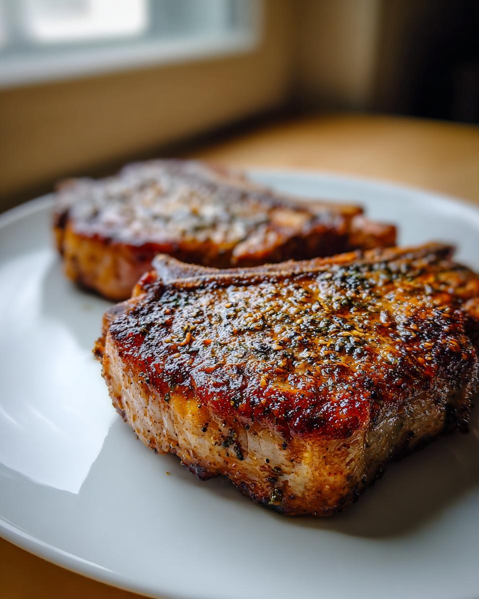 Close-up of two perfectly cooked, juicy air fryer pork chops with a dark, seasoned crust resting on a white plate.