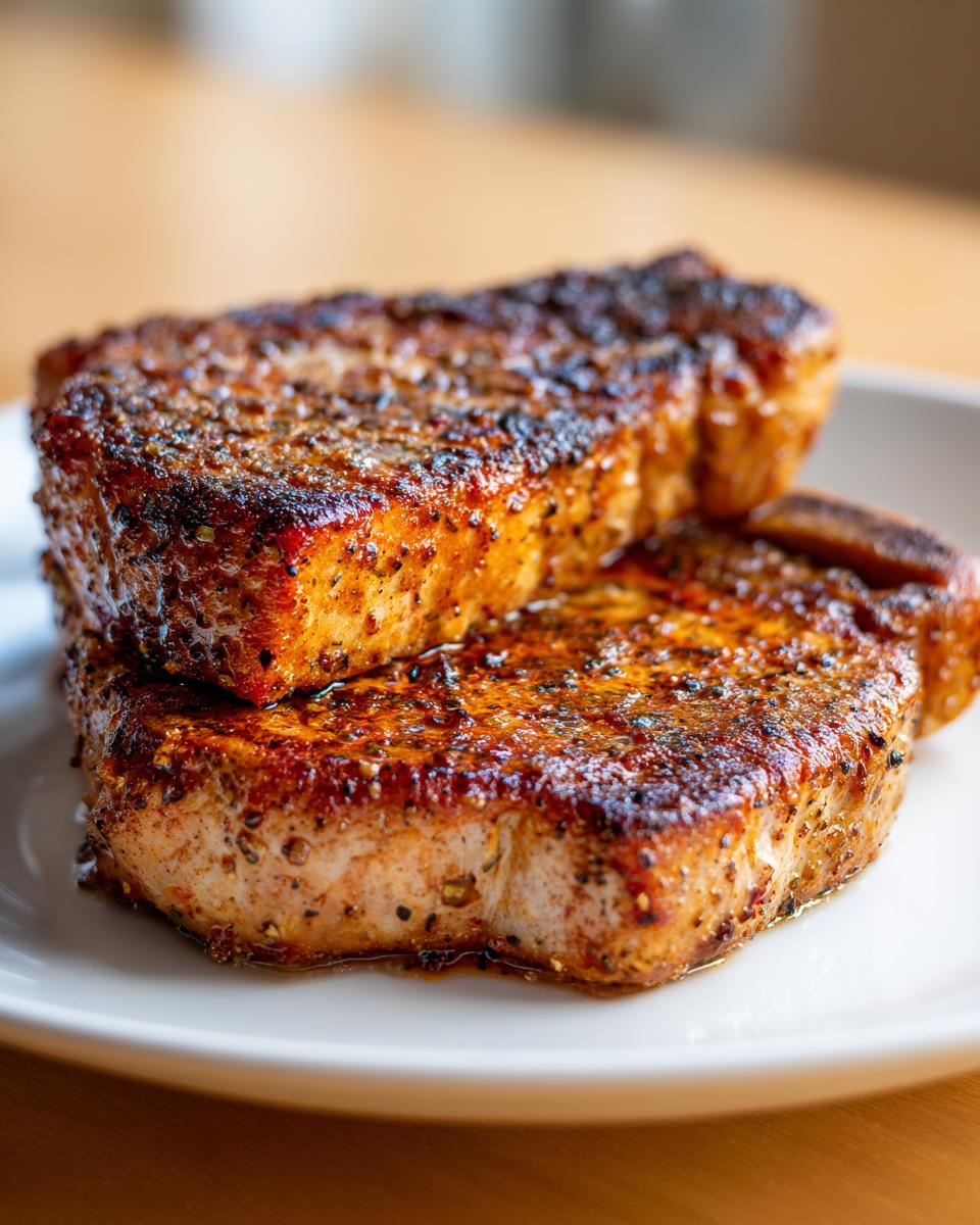 Two thick, juicy air fryer pork chops stacked on a white plate, featuring a dark, seasoned, and caramelized crust.