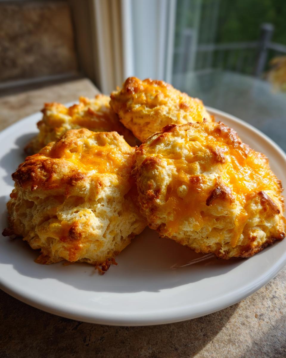 Four golden keto protein breakfast biscuits topped with melted cheddar cheese served on a white plate.