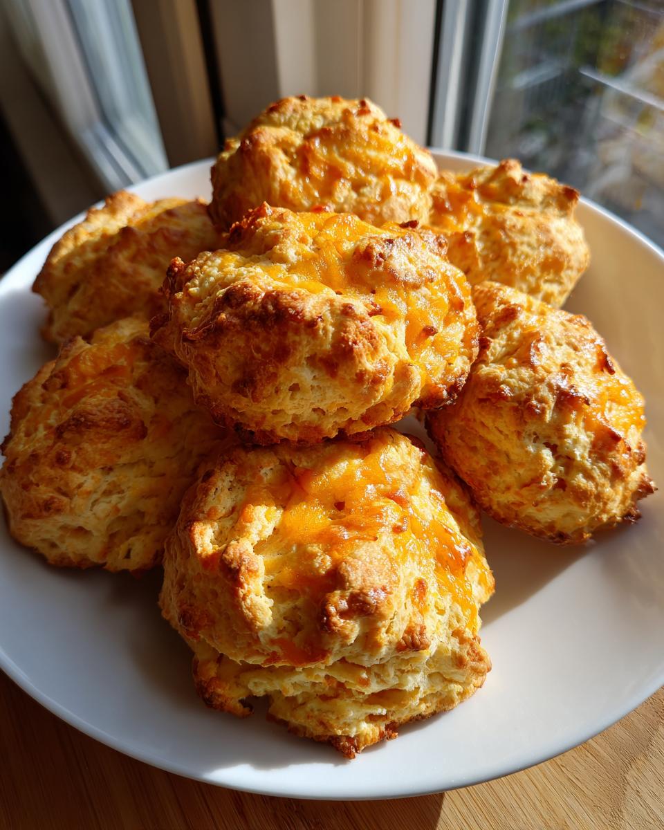 A pile of freshly baked keto protein breakfast biscuits topped with melted cheddar cheese on a white plate.