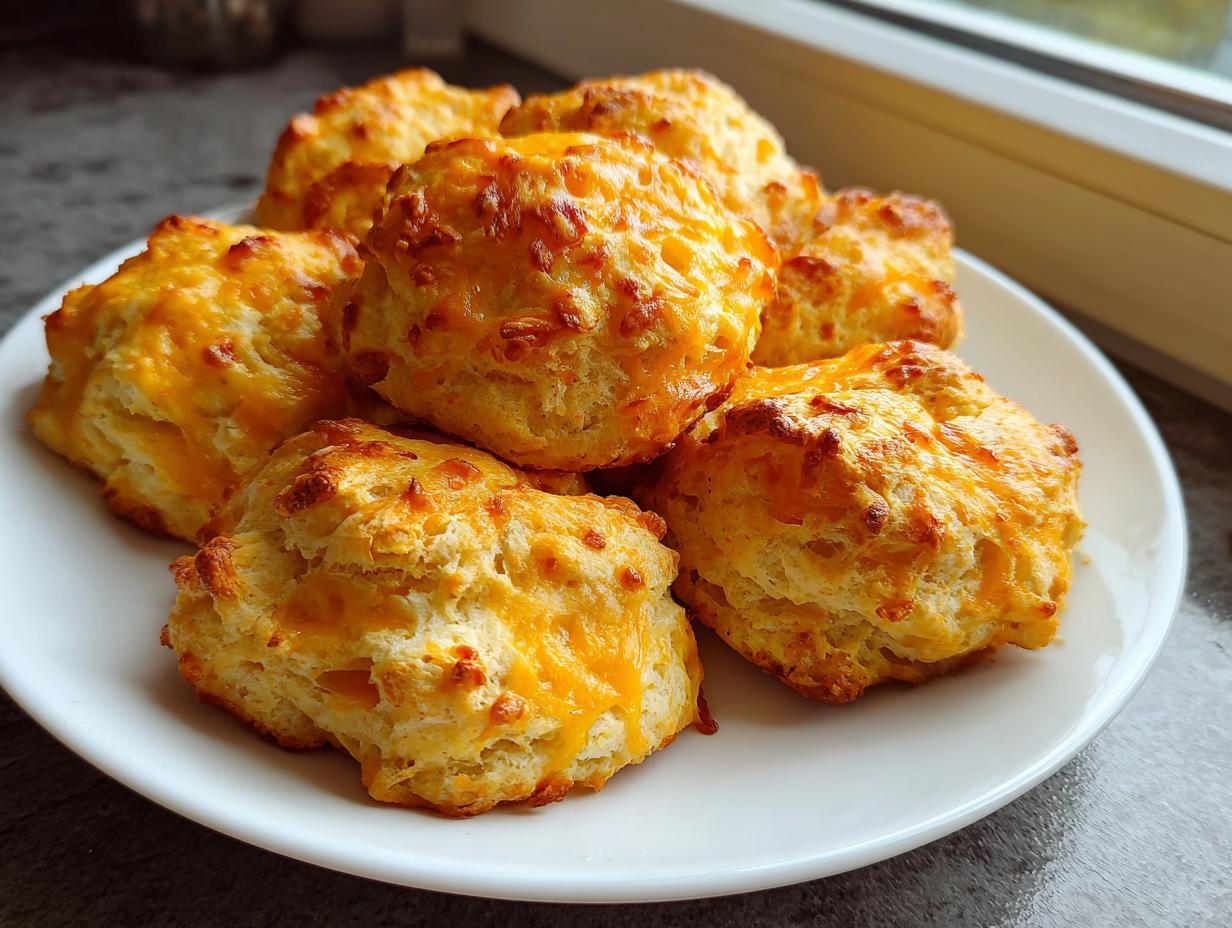 A plate of freshly baked, golden keto protein breakfast biscuits topped with melted cheddar cheese.