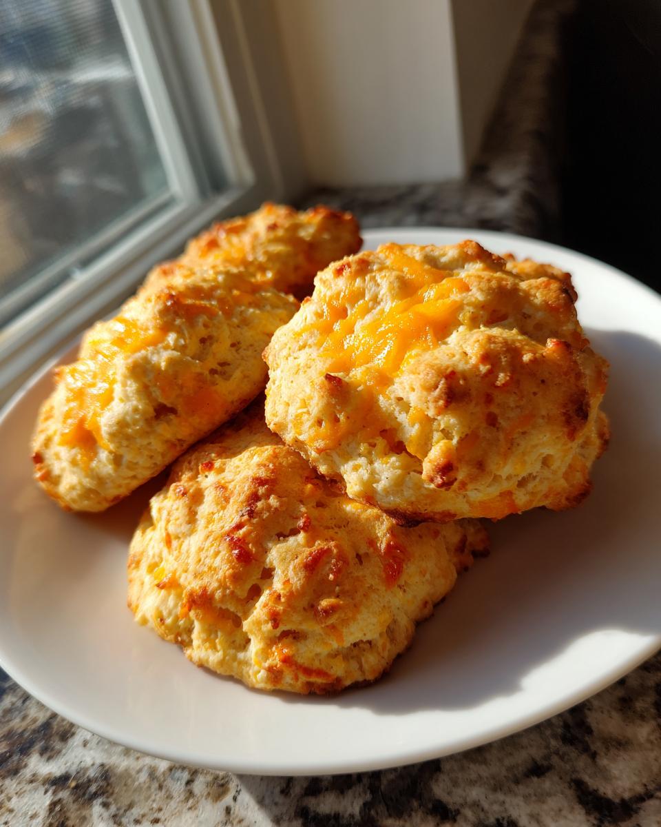 Four golden brown keto protein breakfast biscuits topped with melted cheddar cheese, arranged on a white plate near a window.