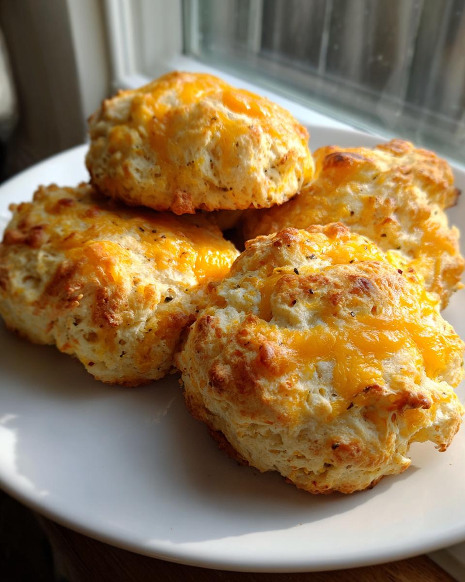 A stack of four golden keto protein breakfast biscuits topped with melted cheddar cheese, sitting on a white plate near a window.