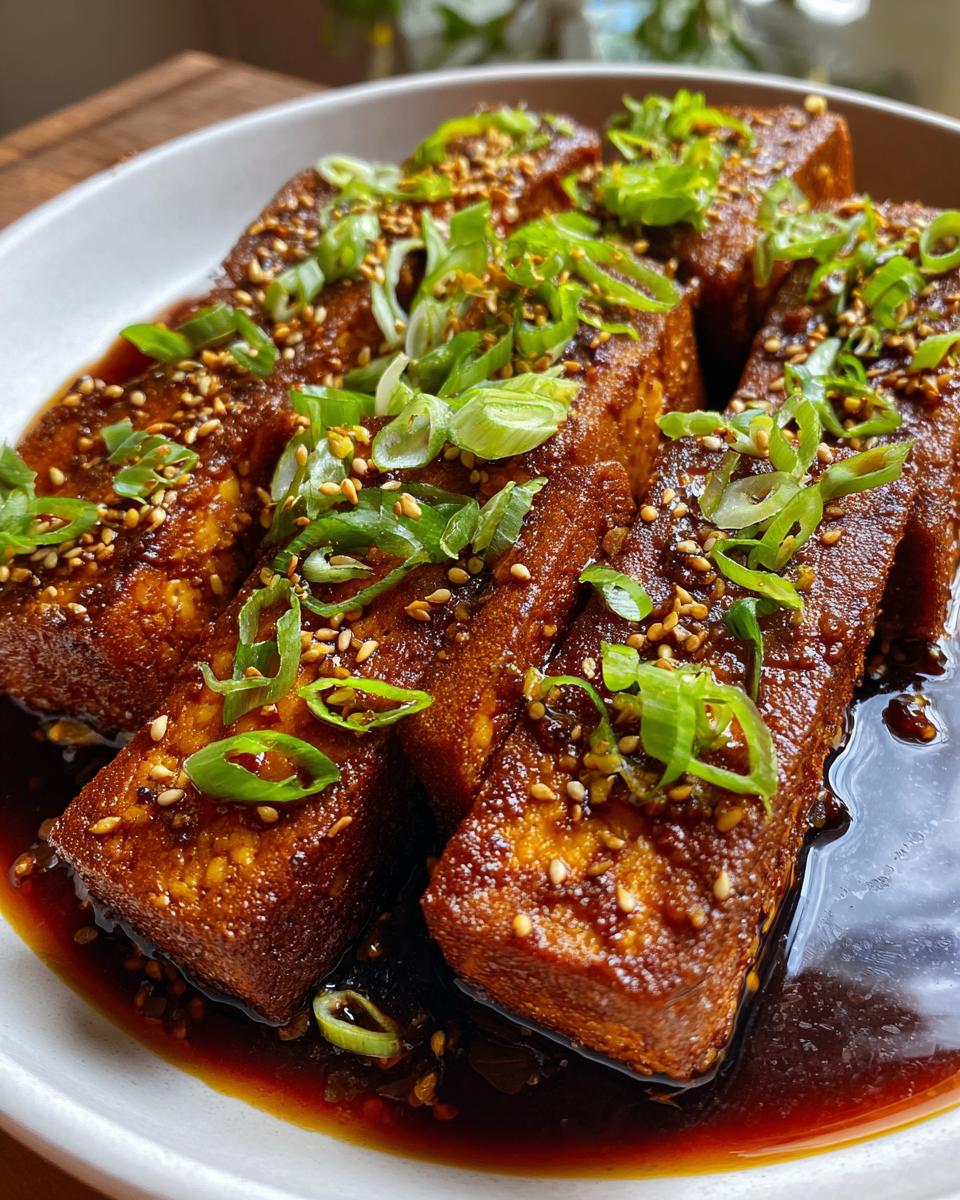 Close-up of perfectly cooked Korean braised tofu pieces swimming in a rich, dark sauce, topped with sesame seeds and fresh green onions.