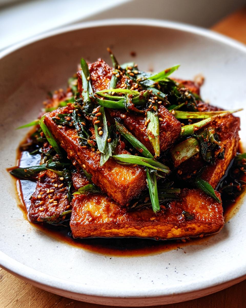 Close-up of perfectly seared Korean braised tofu pieces coated in a rich, dark sauce and topped with fresh green onions and sesame seeds.