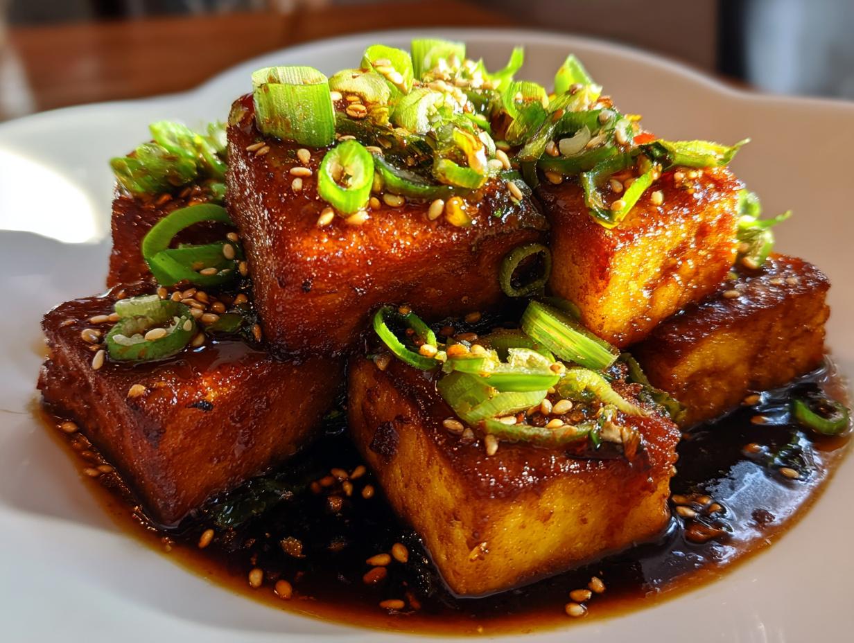 Close-up of golden brown Korean braised tofu cubes coated in dark sauce, topped with green onions and sesame seeds.