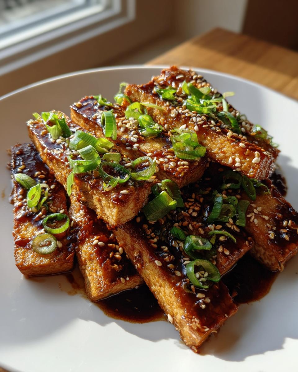 Close-up of thick slices of Korean braised tofu coated in a dark, glossy sauce, topped with sesame seeds and green onions.