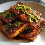 Four thick slices of perfectly pan-fried Korean braised tofu coated in a dark, glossy sauce and topped with green onions and sesame seeds.