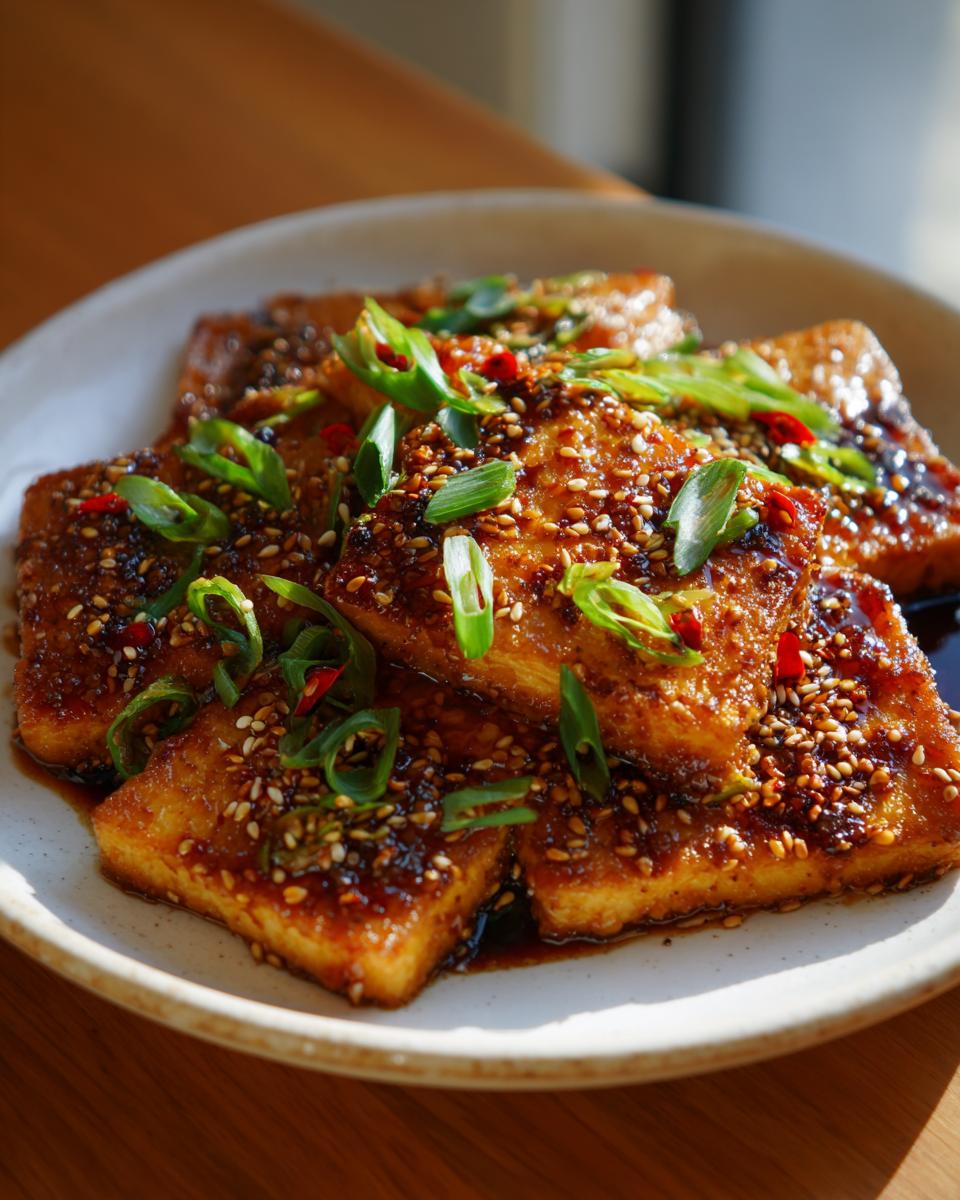 Close-up of pan-fried Korean braised tofu pieces coated in a rich glaze and topped with sesame seeds and green onions.