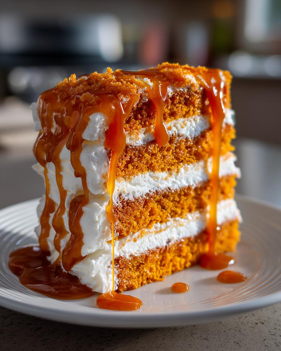 A decadent slice of multi-layered pumpkin cake with thick cream cheese frosting and a generous salted caramel drizzle.