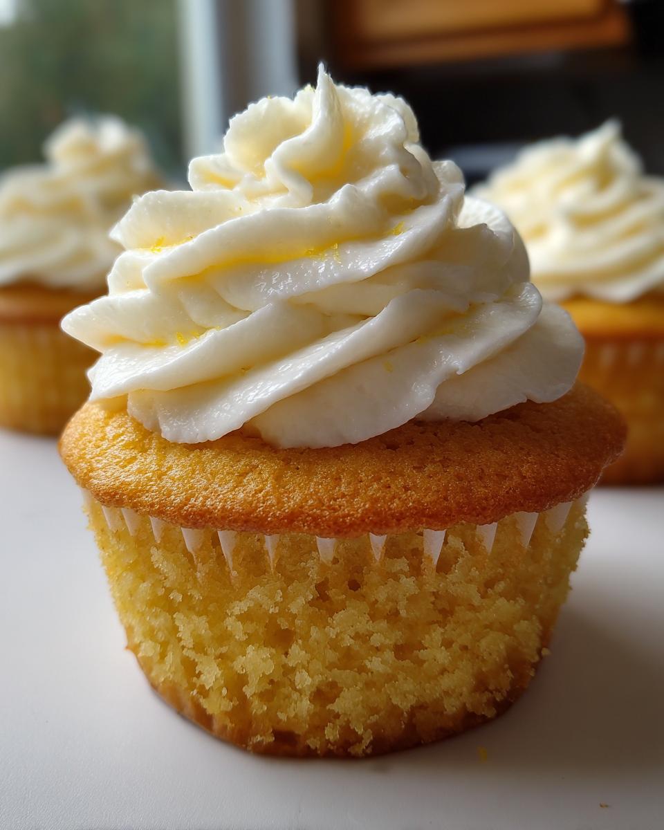 A close-up of a moist yellow lemon cupcake topped with high swirl of white frosting and lemon zest.