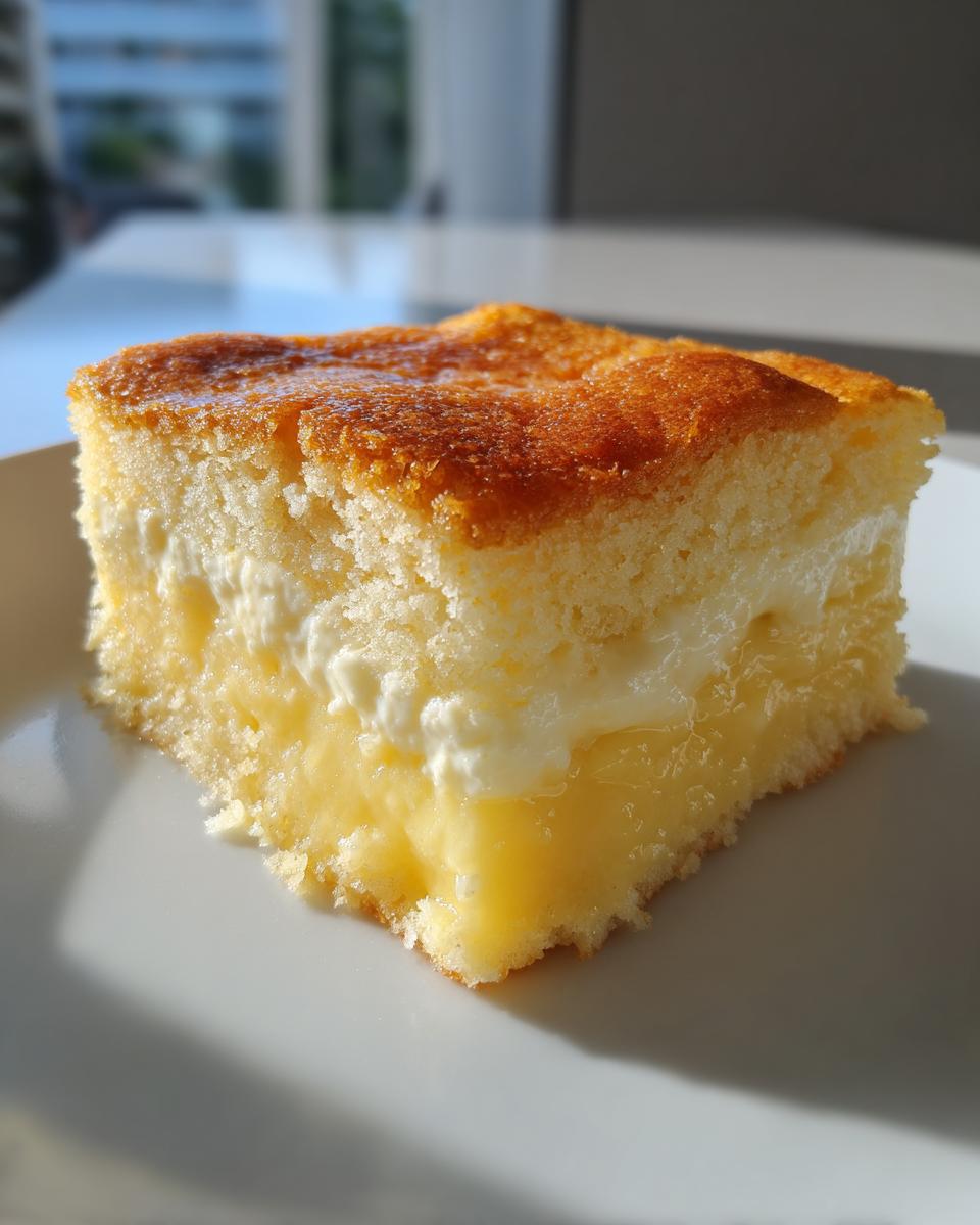 Close-up of a square slice of lemon custard cake showing layers of bright yellow custard and white cream.
