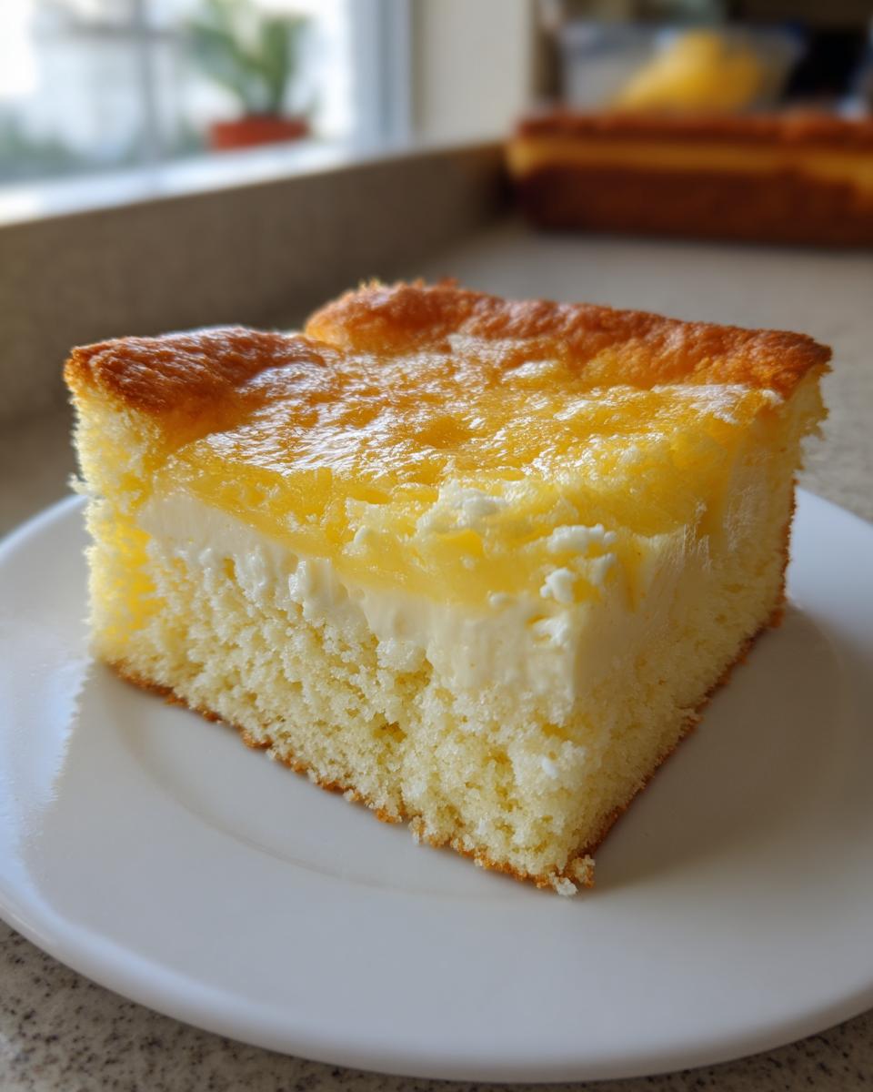 Close-up of a square slice of lemon custard cake showing a fluffy base, creamy middle layer, and glossy lemon topping.