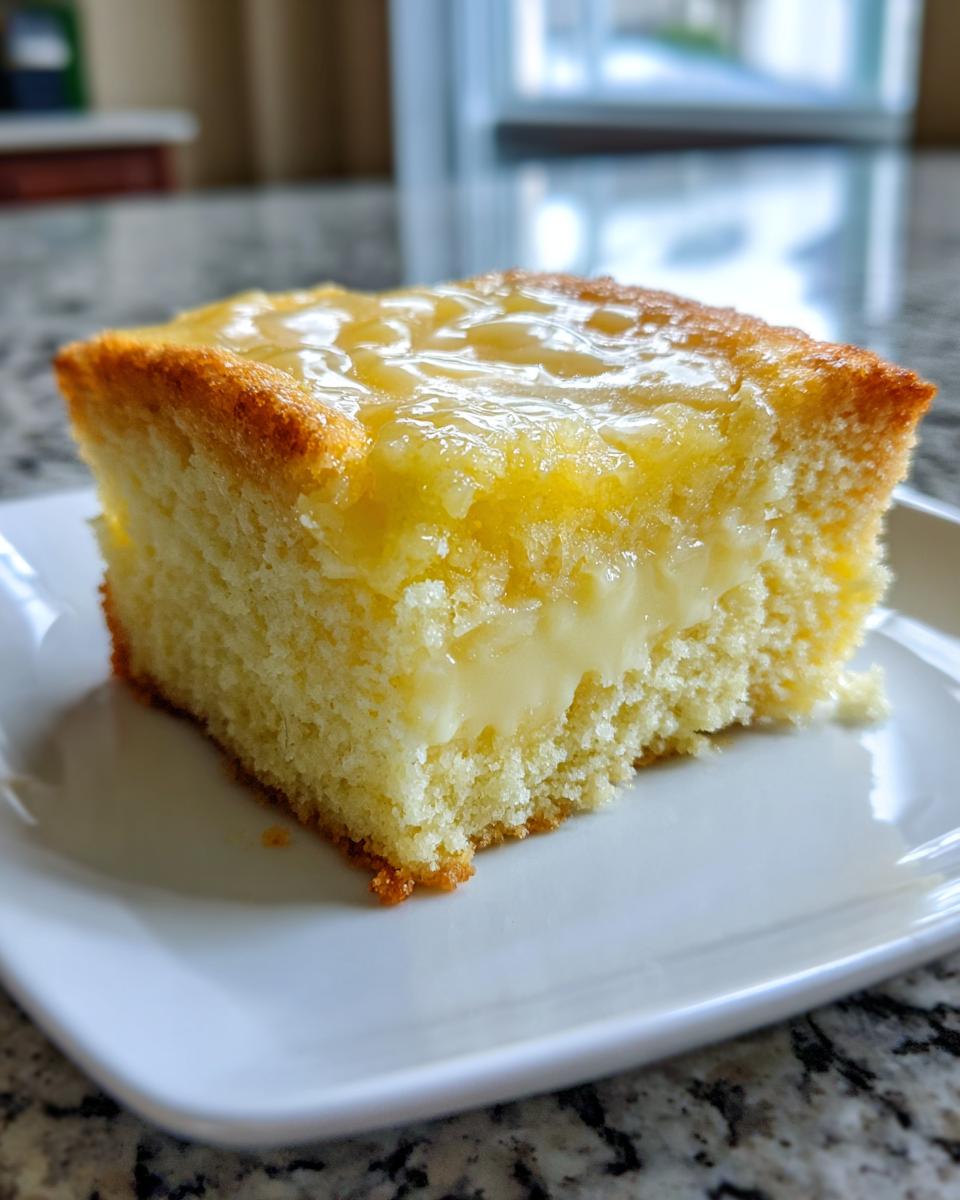 A square slice of moist lemon custard cake featuring a creamy center and a shiny lemon glaze topping.