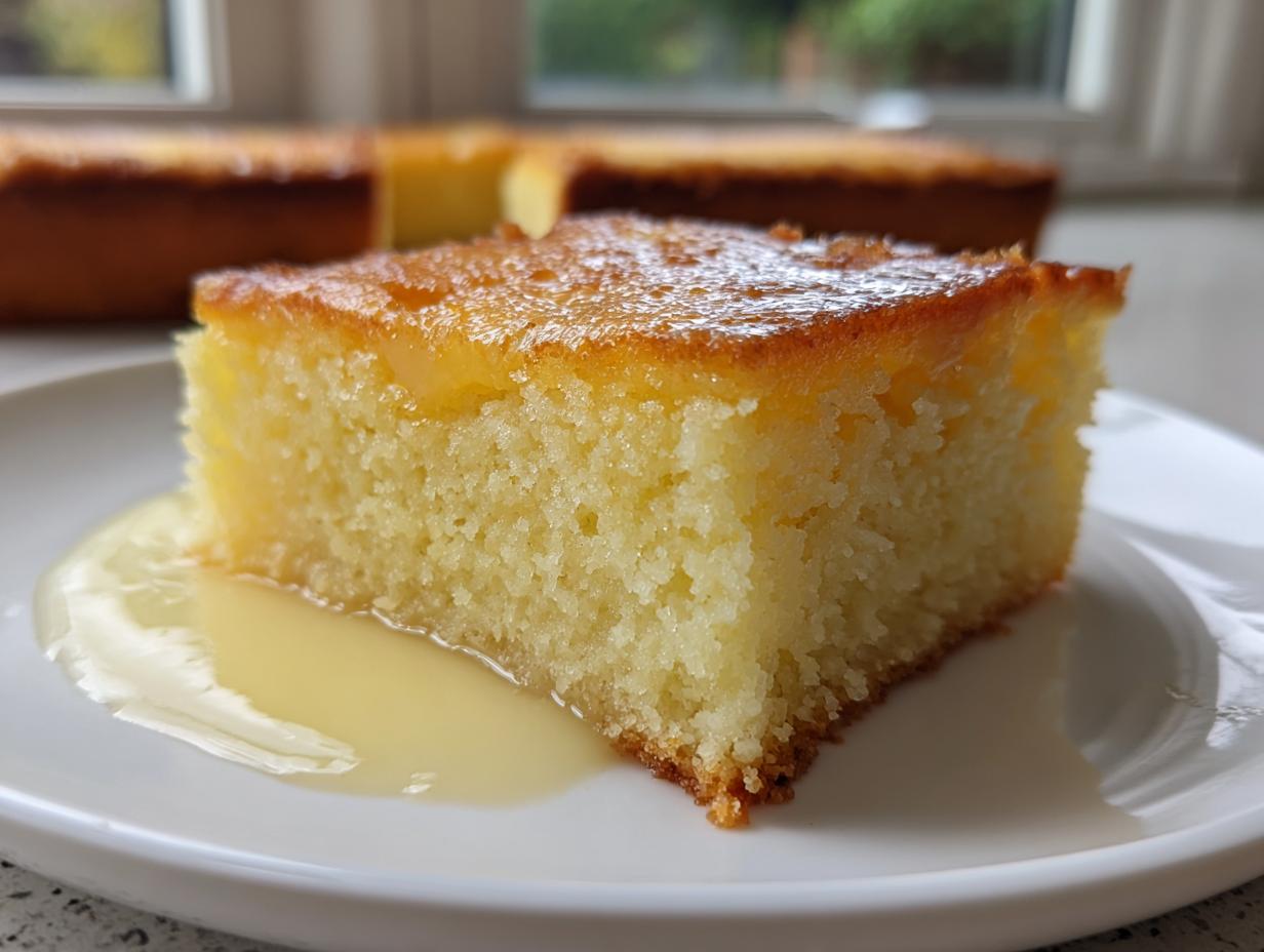 A close-up of a square slice of moist lemon custard cake sitting in a pool of light yellow sauce on a white plate.