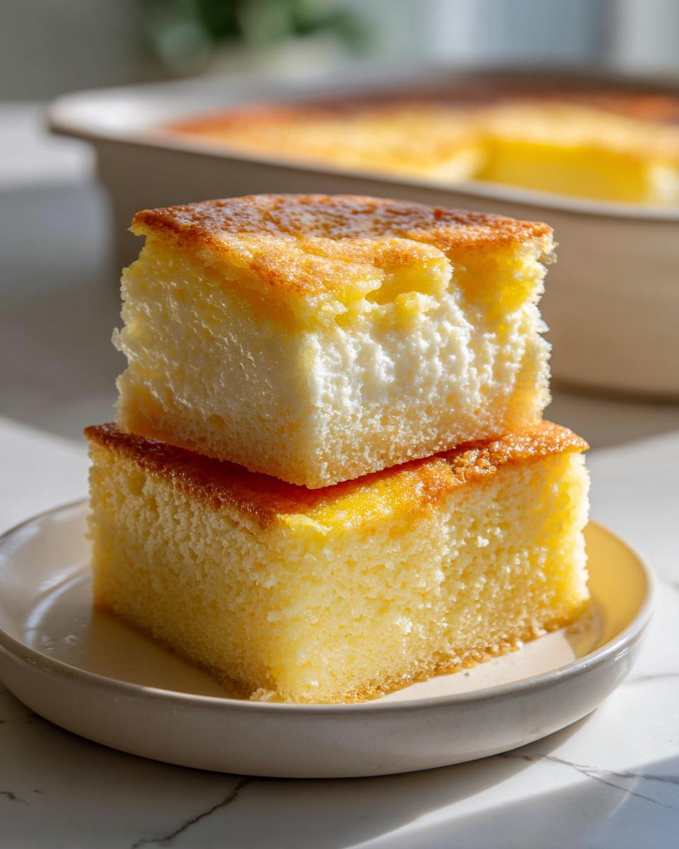 Two stacked squares of moist lemon custard cake showing a fluffy bottom layer and creamy top layer.