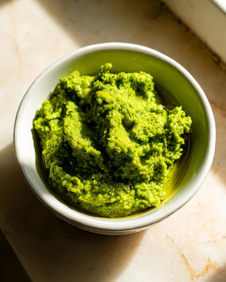 A close-up overhead shot of bright green lemon parmesan edamame purée served in a small, light-colored bowl.