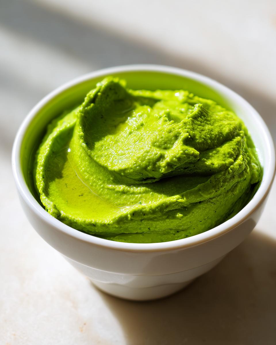 Close-up of bright green lemon parmesan edamame purée swirled beautifully in a small white bowl.