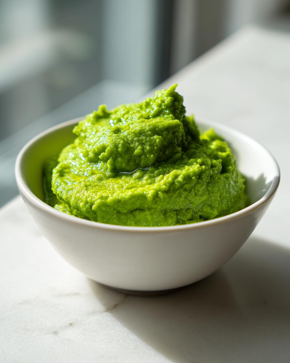 A close-up of vibrant, textured lemon parmesan edamame purée mounded high in a small white bowl.