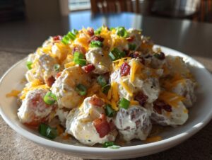 A close-up of a white bowl filled with creamy loaded baked potato salad, topped with shredded cheddar, bacon bits, and green onions.