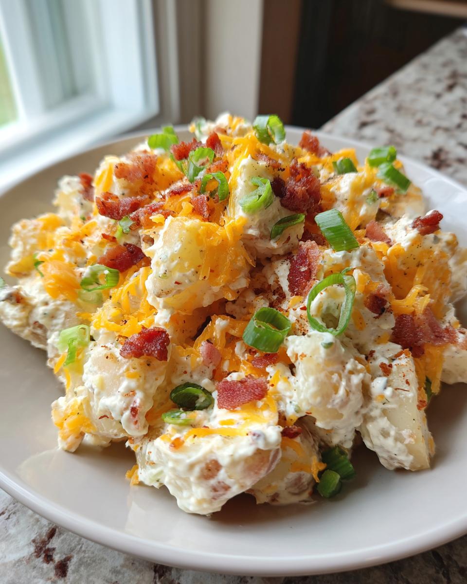 A close-up serving of creamy loaded baked potato salad topped generously with shredded cheddar cheese, bacon bits, and sliced green onions.