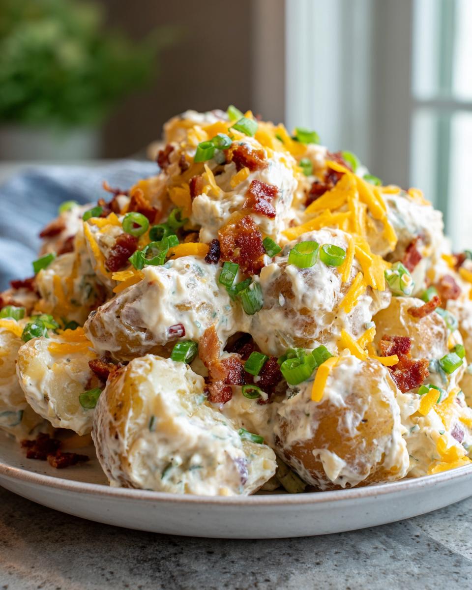 A mound of creamy loaded baked potato salad topped generously with shredded cheddar cheese, crispy bacon bits, and sliced green onions.