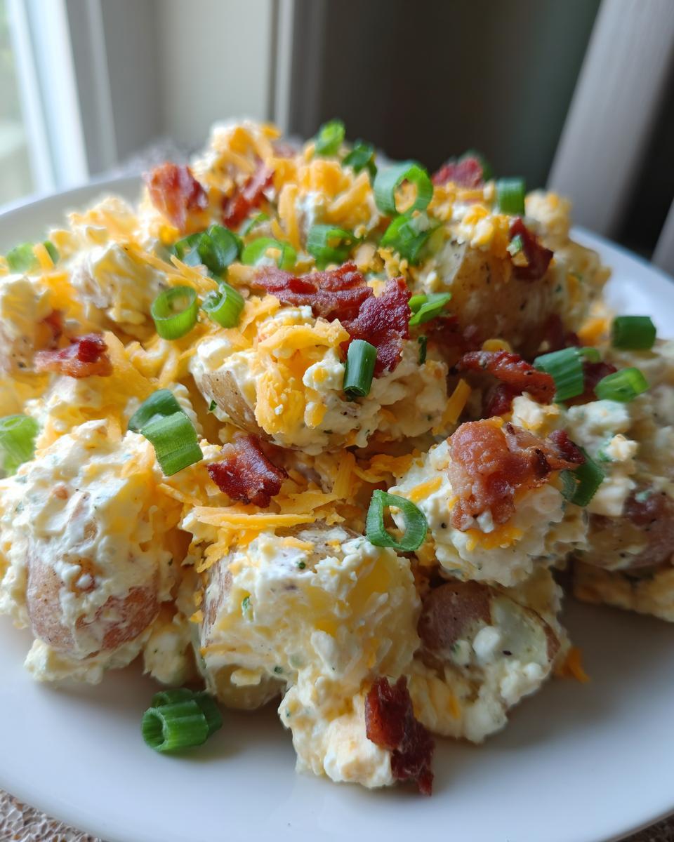 A close-up view of creamy loaded baked potato salad topped generously with shredded cheddar cheese, crispy bacon bits, and fresh green onions.