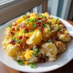 A generous serving of loaded baked potato salad topped with shredded cheddar, bacon bits, and green onions.