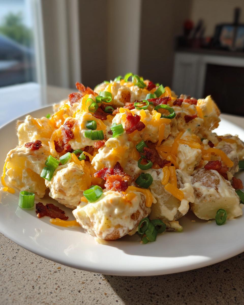 A generous serving of loaded baked potato salad, featuring chunks of potato coated in creamy dressing, topped with shredded cheddar, bacon bits, and green onions.