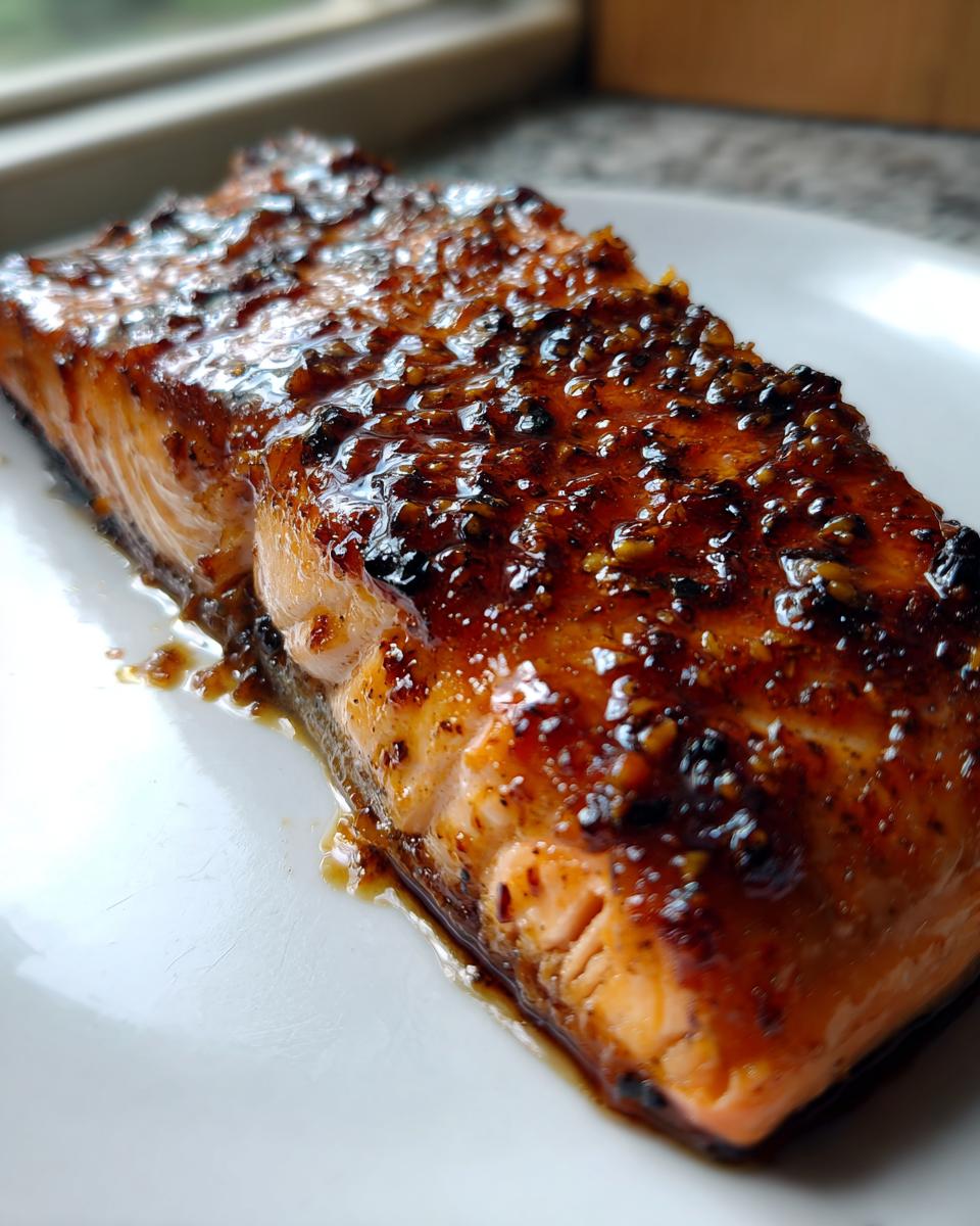 Close-up of a perfectly cooked salmon fillet covered in a thick, shiny maple bourbon glazed salmon topping.
