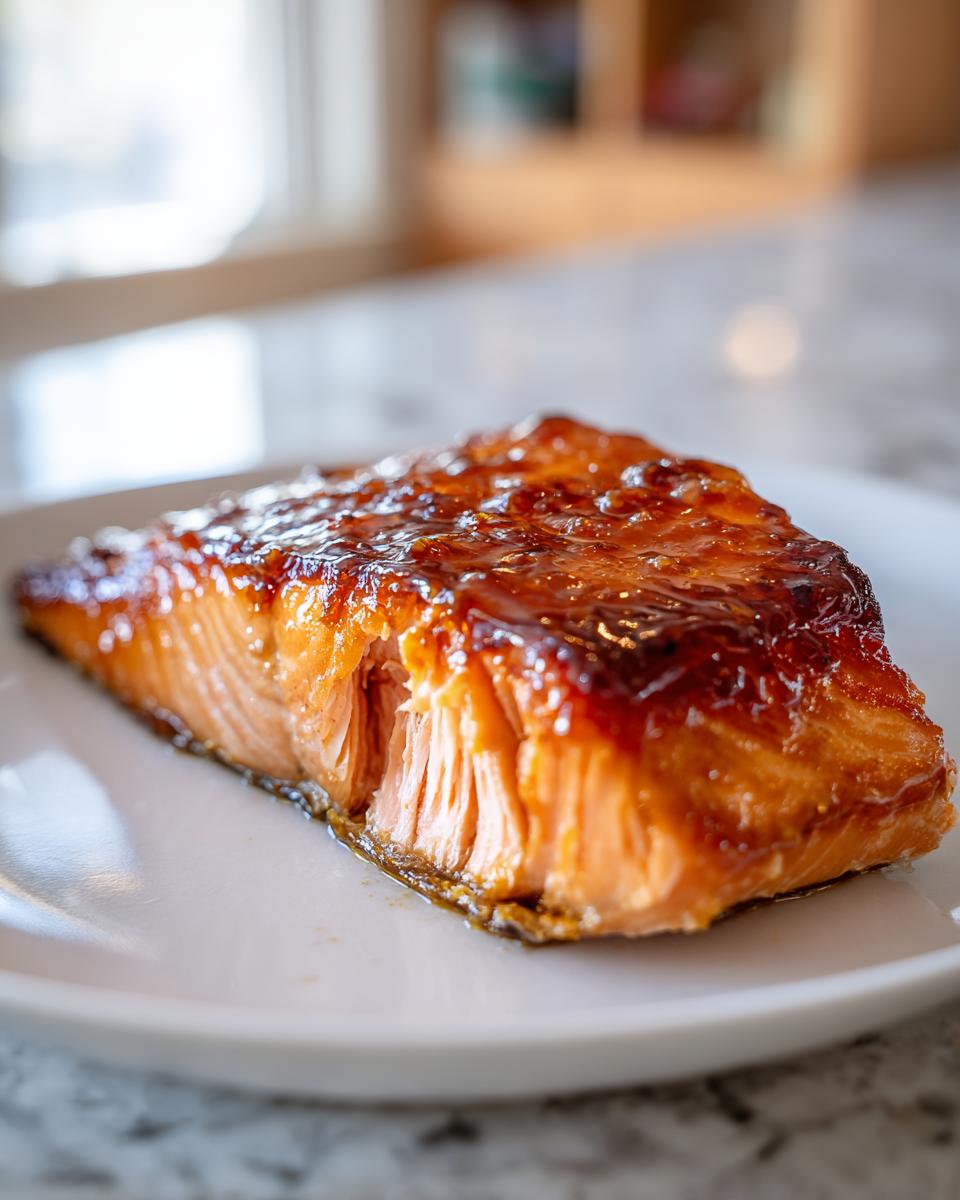 A close-up of a perfectly cooked fillet of maple bourbon glazed salmon showing flaky texture and a shiny, caramelized topping.