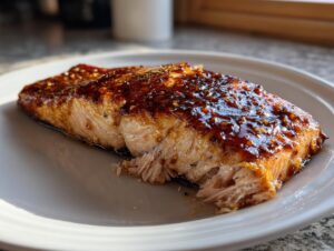 Close-up of a flaky salmon fillet coated in a thick, shiny maple bourbon glazed salmon sauce.