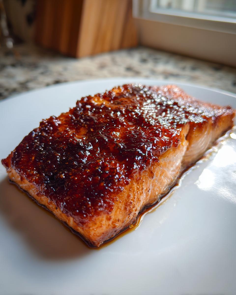 Close-up of a perfectly cooked salmon fillet with a thick, dark, glistening maple bourbon glazed salmon topping on a white plate.