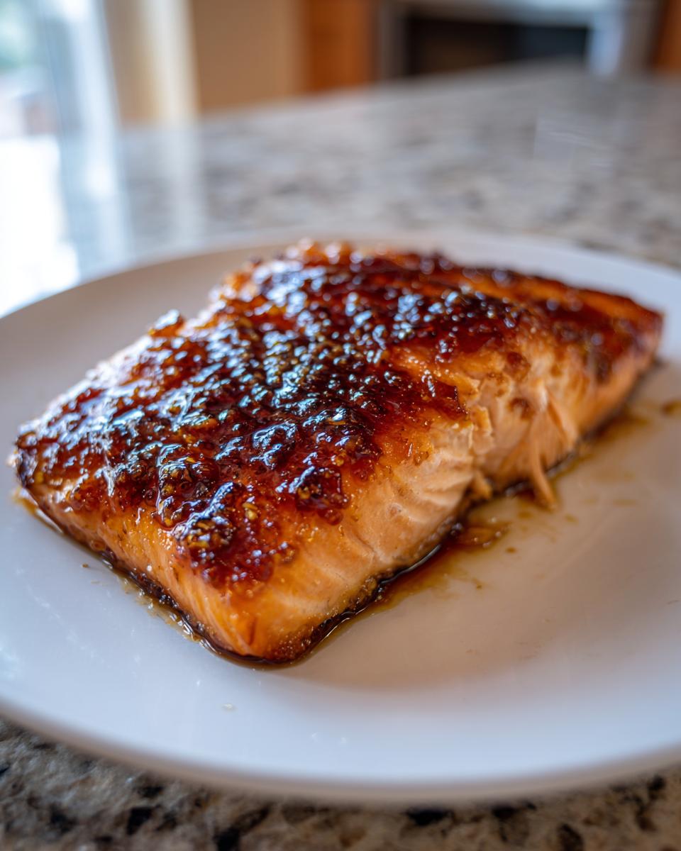Close-up of a perfectly cooked salmon fillet topped with a thick, glossy maple bourbon glazed salmon sauce.