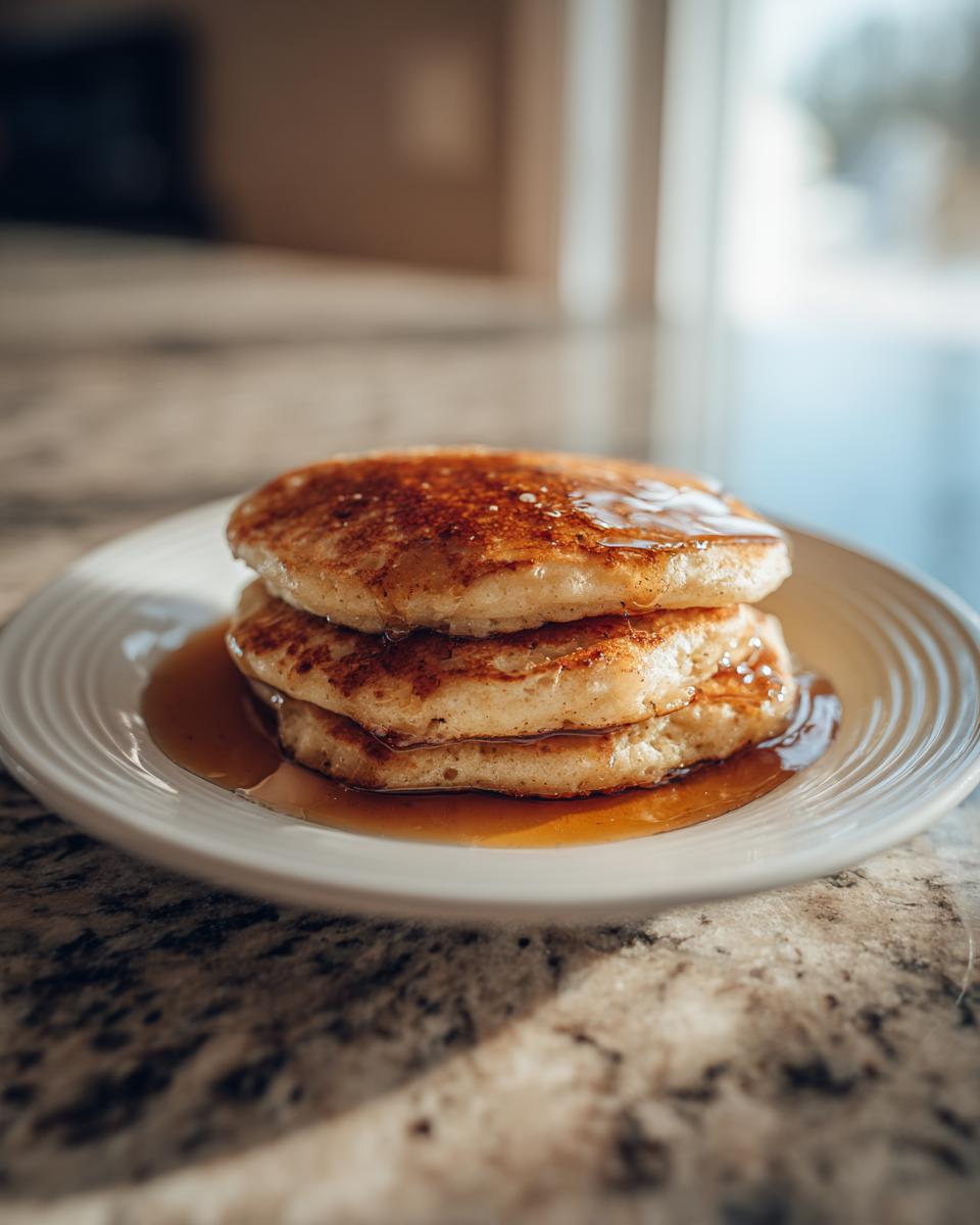 A stack of three fluffy maple ginger pancakes generously drizzled with syrup on a white plate.