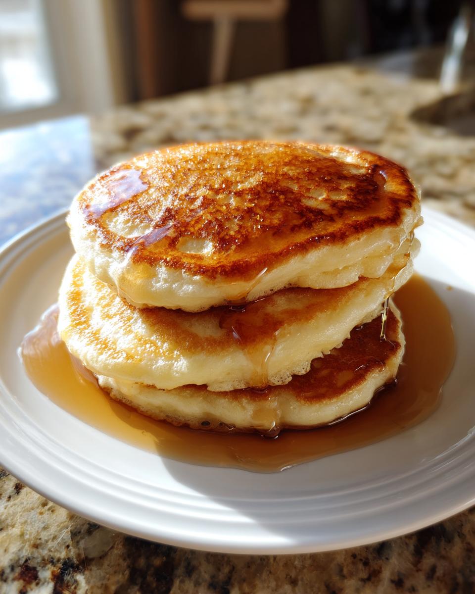 A stack of three fluffy maple ginger pancakes drenched in golden syrup on a white plate.