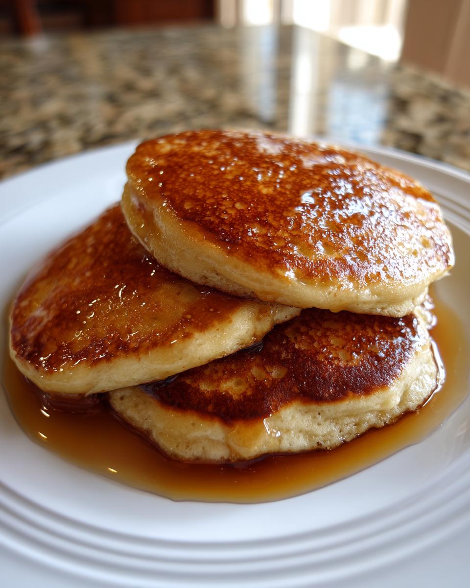 A close-up stack of three fluffy maple ginger pancakes generously covered in glistening syrup on a white plate.