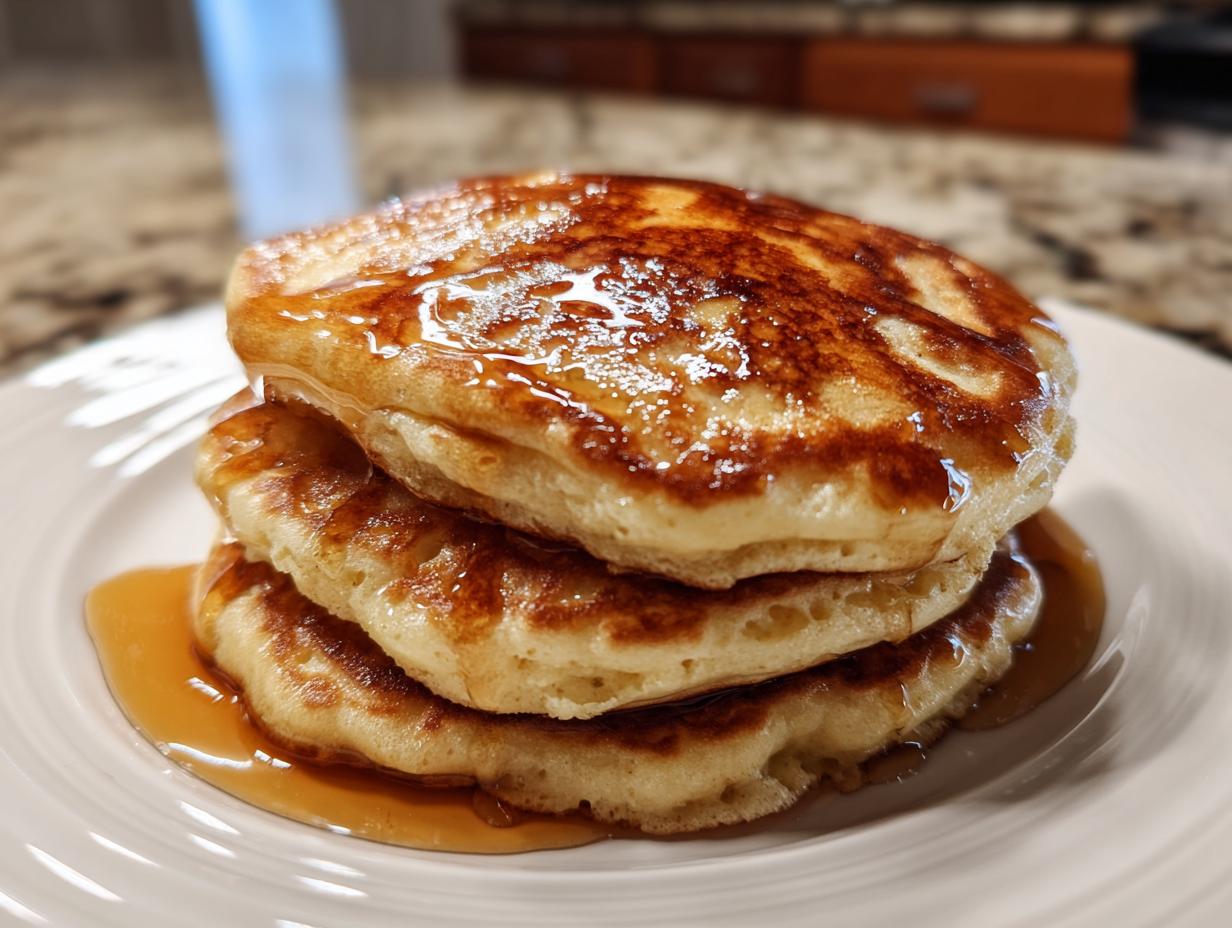 A close-up of a short stack of fluffy maple ginger pancakes generously drizzled with golden syrup.