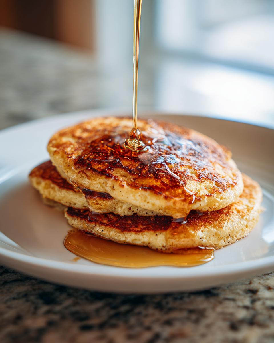 Close-up of a stack of golden brown maple ginger pancakes being drizzled with thick maple syrup.